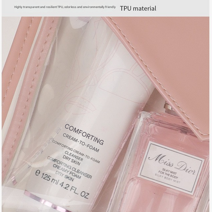 Pink Chic Envelope Makeup Bag with Transparent Waterproof Design.