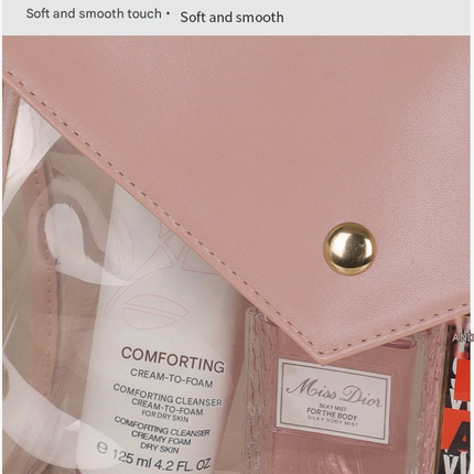Pink Chic Envelope Makeup Bag with Transparent Waterproof Design.