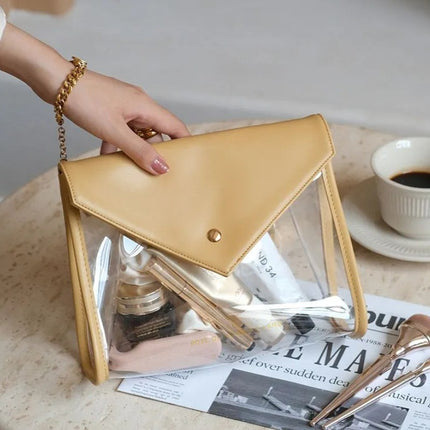 Yellow Chic Envelope Makeup Bag with Transparent Waterproof Design.