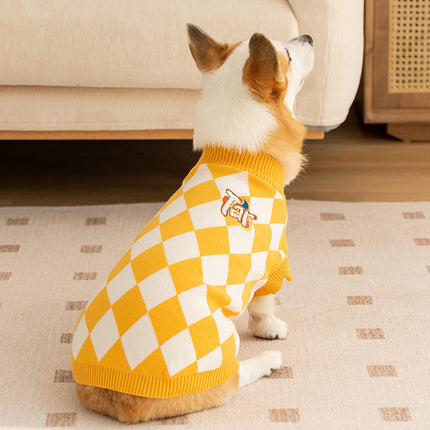 Classic Argyle Dog Sweater - Yellow & White Knit for Corgis & Medium Breeds (Size : L).