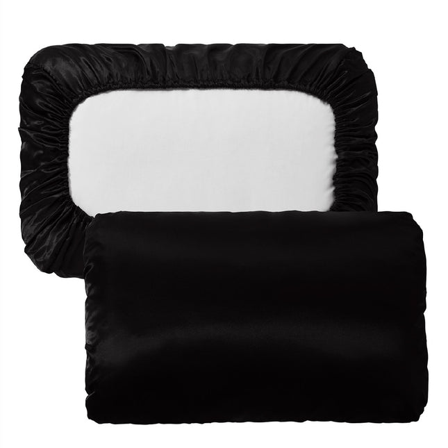 Black Silky Satin Pillowcase Pair - Smooth for Hair & Skin, Elastic Fitted (46x70+16cm).
