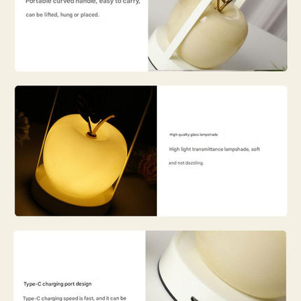 Orange Decorative Apple Table Lamp - USB-C,  3 Light Modes, Metal Handle.