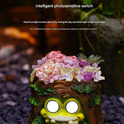 Frog Solar Light Planter - Resin Succulent Pot with Glowing Eyes (Stump frog).
