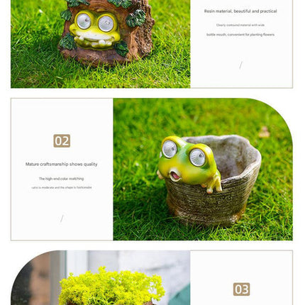 Frog Solar Light Planter - Resin Succulent Pot with Glowing Eyes (Stump frog).