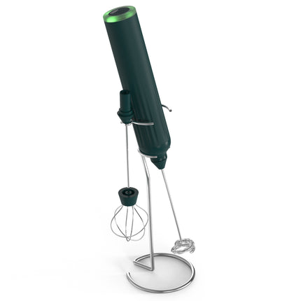 Green USB Rechargeable Milk Frother - 3-Speed Handheld Electric Whisk with Stand.