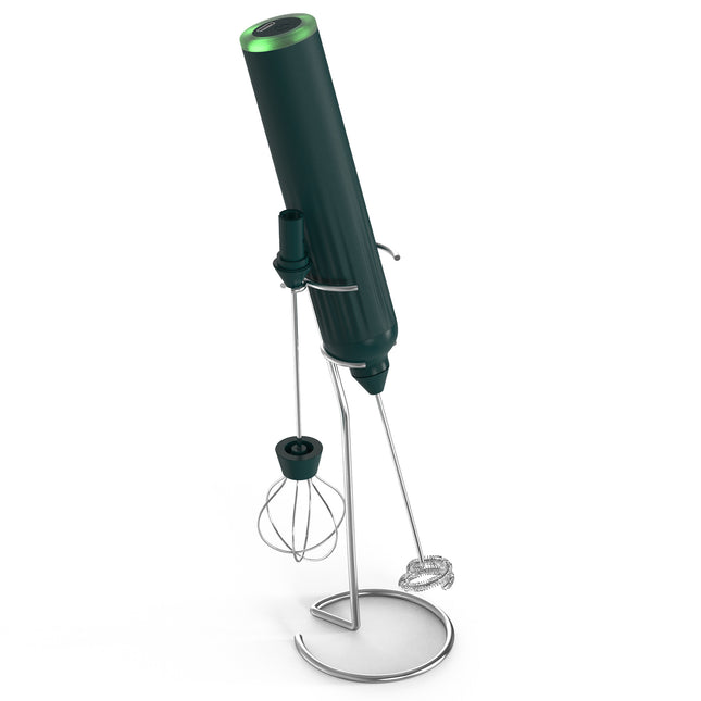 Green USB Rechargeable Milk Frother - 3-Speed Handheld Electric Whisk with Stand.