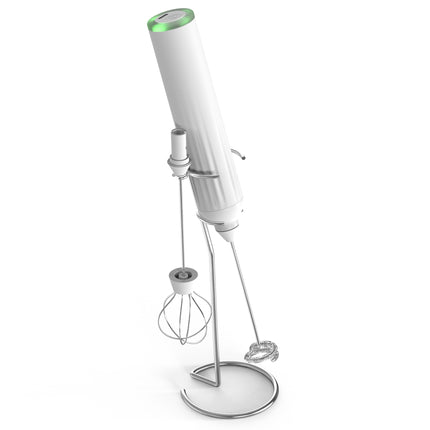 White USB Rechargeable Milk Frother - 3-Speed Handheld Electric Whisk with Stand.