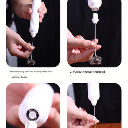 White USB Rechargeable Milk Frother - 3-Speed Handheld Electric Whisk with Stand.