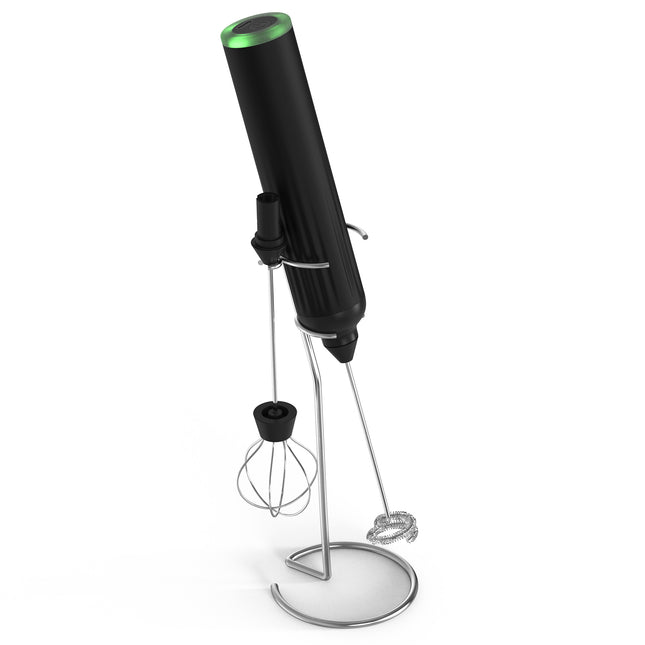 Black USB Rechargeable Milk Frother - 3-Speed Handheld Electric Whisk with Stand.