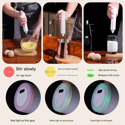 Black USB Rechargeable Milk Frother - 3-Speed Handheld Electric Whisk with Stand.