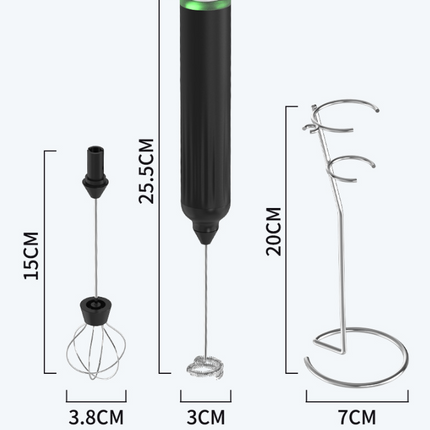 Black USB Rechargeable Milk Frother - 3-Speed Handheld Electric Whisk with Stand.