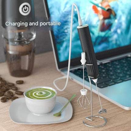 Black USB Rechargeable Milk Frother - 3-Speed Handheld Electric Whisk with Stand.