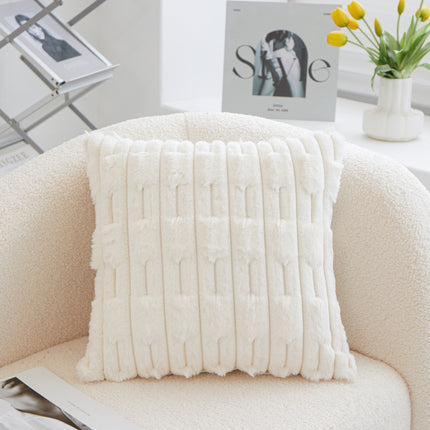 A pair of White Plush Faux Rabbit Fur Throw Pillow Cover - Textured Wheat Ear Design (45x45cm).