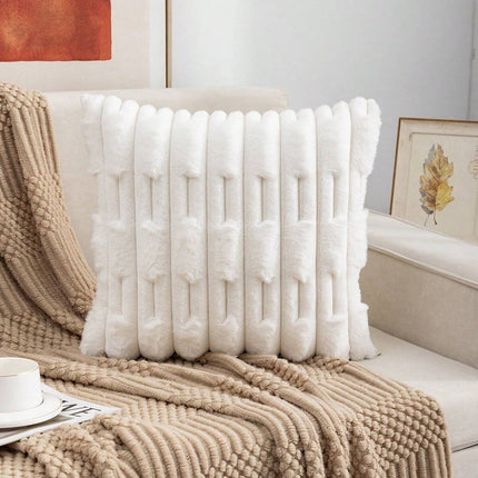 A pair of White Plush Faux Rabbit Fur Throw Pillow Cover - Textured Wheat Ear Design (45x45cm).