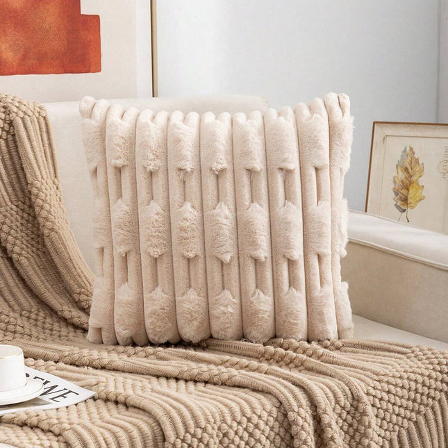 A pair of Khaki Plush Faux Rabbit Fur Throw Pillow Cover - Textured Wheat Ear Design (45x45cm).