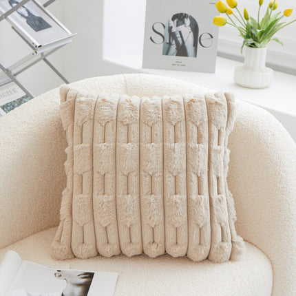 A pair of Khaki Plush Faux Rabbit Fur Throw Pillow Cover - Textured Wheat Ear Design (45x45cm).