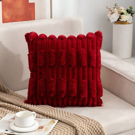 A pair of Red Plush Faux Rabbit Fur Throw Pillow Cover - Textured Wheat Ear Design (45x45cm).