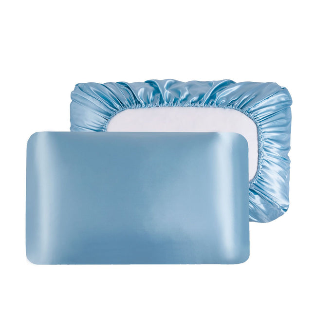 Sky Blue Silky Satin Pillowcase Pair - Smooth for Hair & Skin, Elastic Fitted (46x90+16cm).