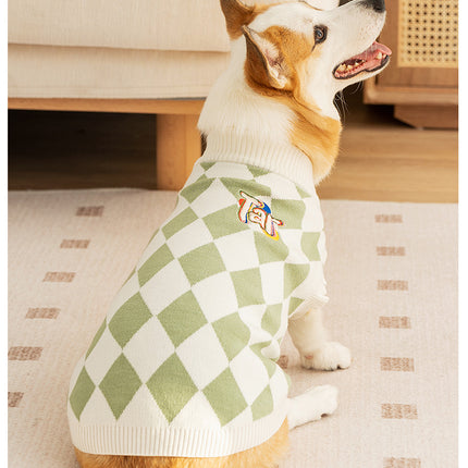 Classic Argyle Dog Sweater - Green & White Knit for Corgis & Medium Breeds (Size : M).