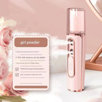 Pink Dual Nozzle Nano Facial Mister - USB Rechargeable Hydrating Spray.