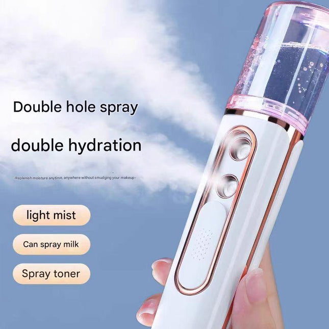 Pink Dual Nozzle Nano Facial Mister - USB Rechargeable Hydrating Spray.