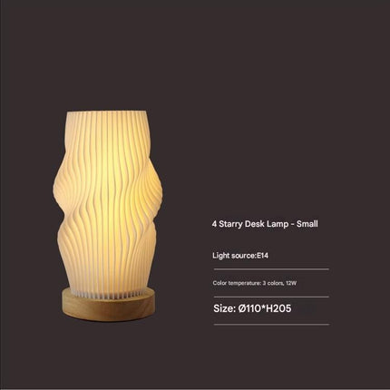 Unique Pleated Design Table Lamp - 3D Printed Washable Shade, Wooden Base, Adjustable LED (Four-star rotation).