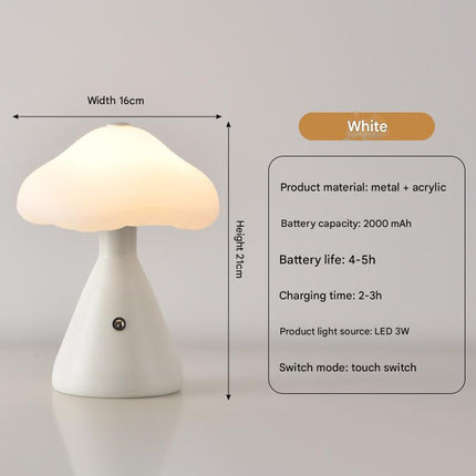 White Mushroom LED Table Lamp - Rechargeable, 3-Color Touch Dimmable, USB-C.