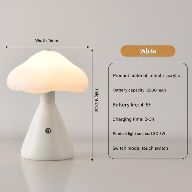 White Mushroom LED Table Lamp - Rechargeable, 3-Color Touch Dimmable, USB-C.