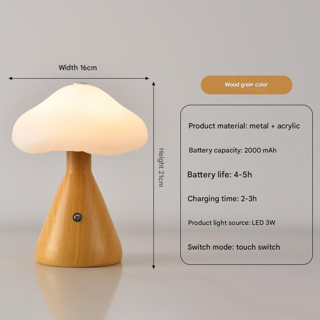 Woodgrain color Mushroom LED Table Lamp - Rechargeable, 3-Color Touch Dimmable, USB-C.