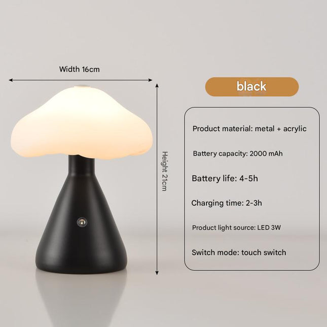 Black Mushroom LED Table Lamp - Rechargeable, 3-Color Touch Dimmable, USB-C.
