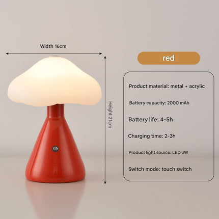 Red Mushroom LED Table Lamp - Rechargeable, 3-Color Touch Dimmable, USB-C.