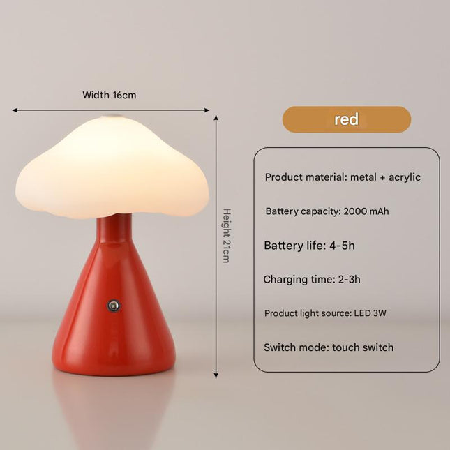 Red Mushroom LED Table Lamp - Rechargeable, 3-Color Touch Dimmable, USB-C.