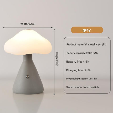 Gray Mushroom LED Table Lamp - Rechargeable, 3-Color Touch Dimmable, USB-C.