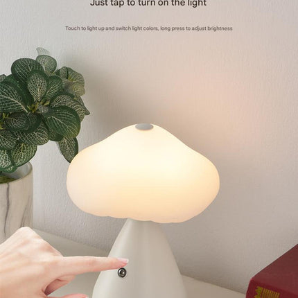 Gray Mushroom LED Table Lamp - Rechargeable, 3-Color Touch Dimmable, USB-C.