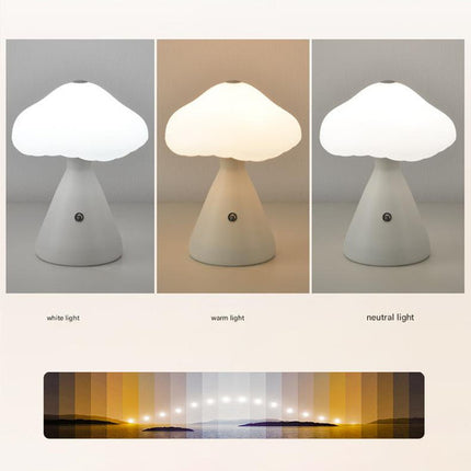 Gray Mushroom LED Table Lamp - Rechargeable, 3-Color Touch Dimmable, USB-C.