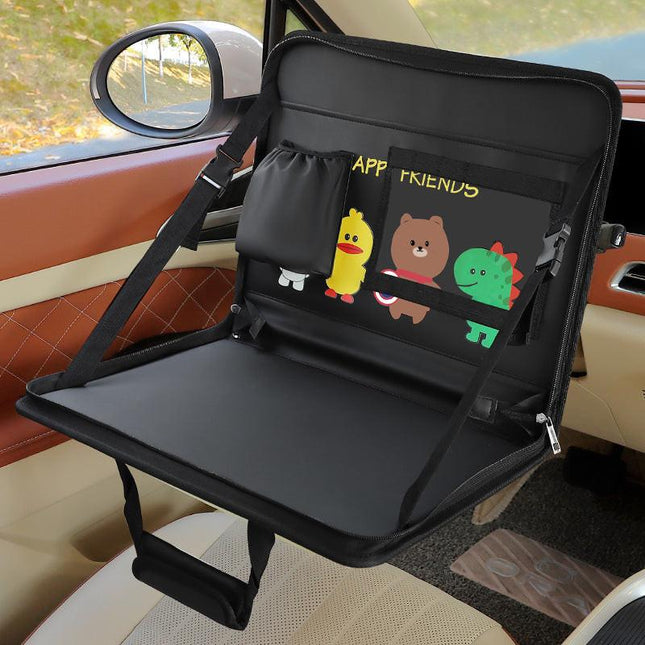 Black Foldable Car Back Seat Organizer Tray - PU Leather Travel Desk with Tablet Holder.