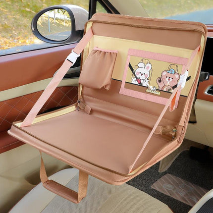 Brown Foldable Car Back Seat Organizer Tray - PU Leather Travel Desk with Tablet Holder.