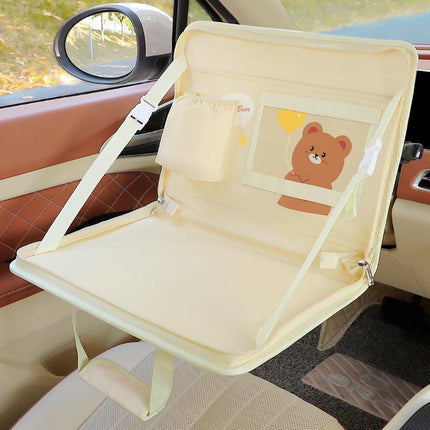 Yellow Foldable Car Back Seat Organizer Tray - PU Leather Travel Desk with Tablet Holder.