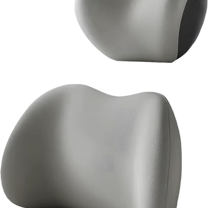Grey Ergonomic Memory Foam Car Headrest & Lumbar Support Cushion Set - Driving Comfort Neck & Back Pillow.