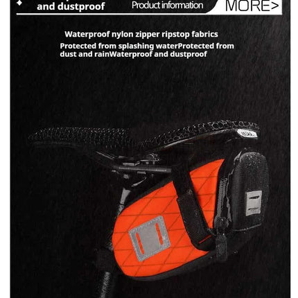 Orange And Black Water-Resistant Bicycle Saddle Bag - 1.3L Reflective Seat Pack for Road & Mountain Bikes.