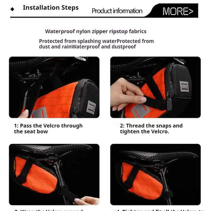 Orange And Black Water-Resistant Bicycle Saddle Bag - 1.3L Reflective Seat Pack for Road & Mountain Bikes.