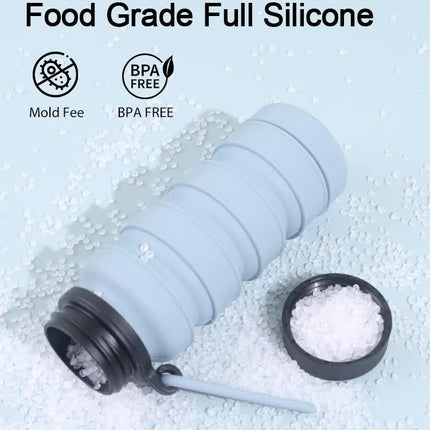 Grey and Black Collapsible Silicone Water Bottle - 510ml Portable Food-Grade Travel & Sports Drink Flask.