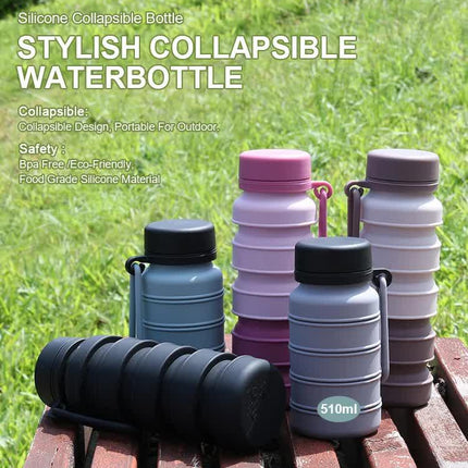 Blue and Black Collapsible Silicone Water Bottle - 510ml Portable Food-Grade Travel & Sports Drink Flask.