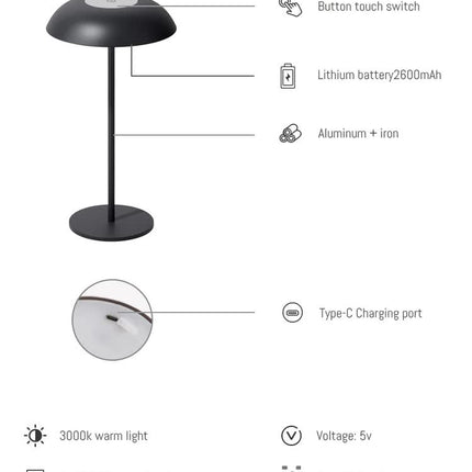 White Minimalist Rechargeable LED Touch Table Lamp - 3-Color Stepless Dimming Metal Desk Light.