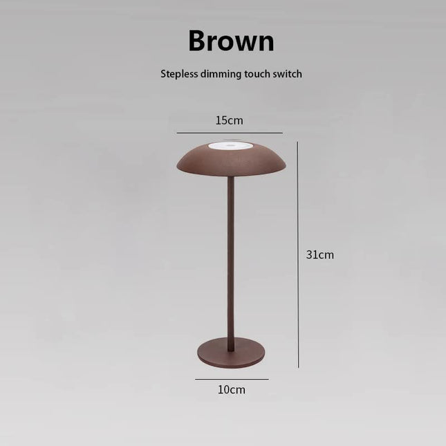 Brown Minimalist Rechargeable LED Touch Table Lamp - 3-Color Stepless Dimming Metal Desk Light.