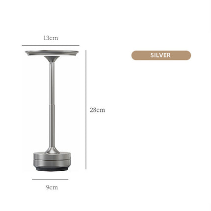 Silver Elegant Aluminum Alloy Rechargeable LED Touch Lamp - 3-Color Dimmable Cordless Table Light.