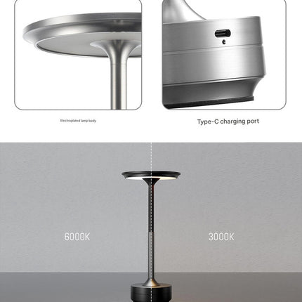 Silver Elegant Aluminum Alloy Rechargeable LED Touch Lamp - 3-Color Dimmable Cordless Table Light.
