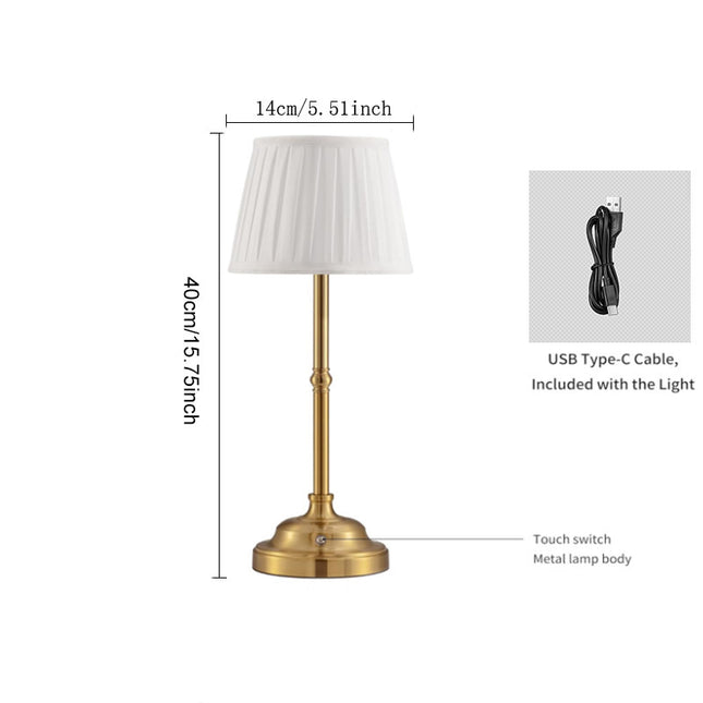Gold and White Elegant Rechargeable Fabric Shade LED Lamp - Cordless Touch Stepless Dimmable Table Light.