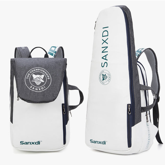 Grey and White Multifunctional Tennis & Badminton Backpack - Waterproof Racket Bag with Shoe Compartment.