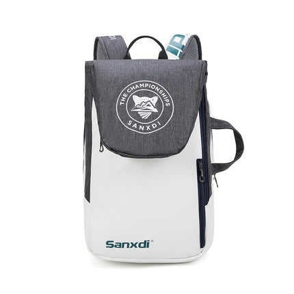 Grey and White Multifunctional Tennis & Badminton Backpack - Waterproof Racket Bag with Shoe Compartment.